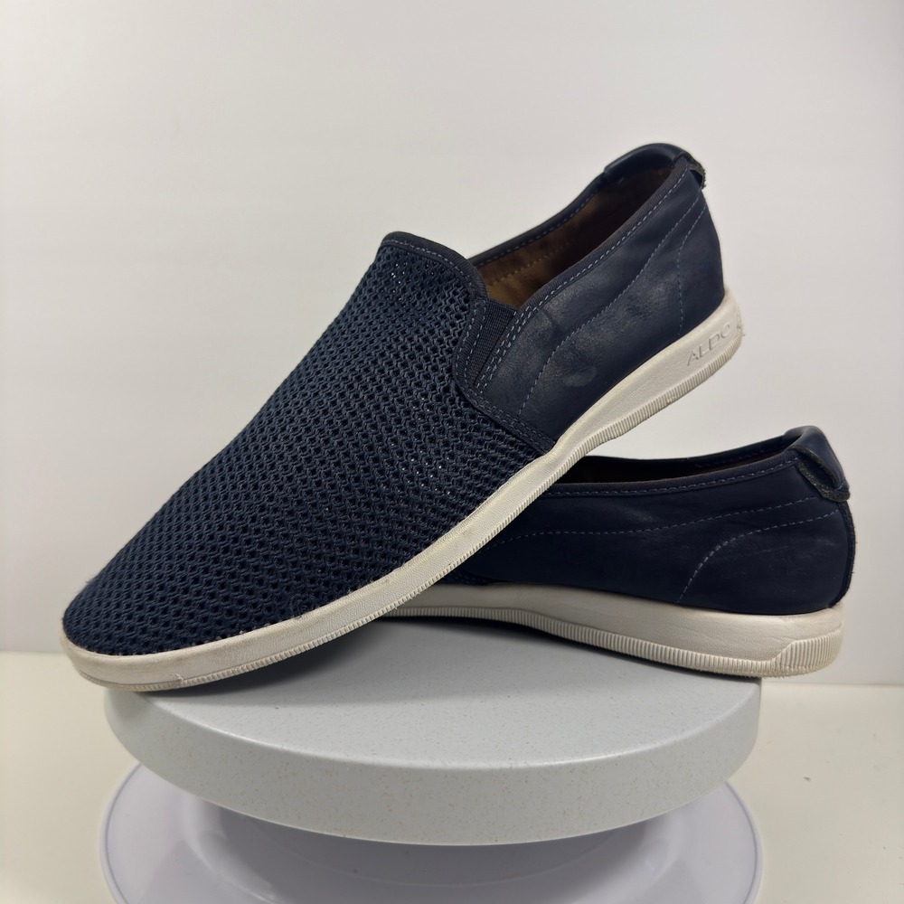 Aldo Mens Navy Blue Mesh and Leather Slip On Sneakers Casual Loafers Flat Shoes